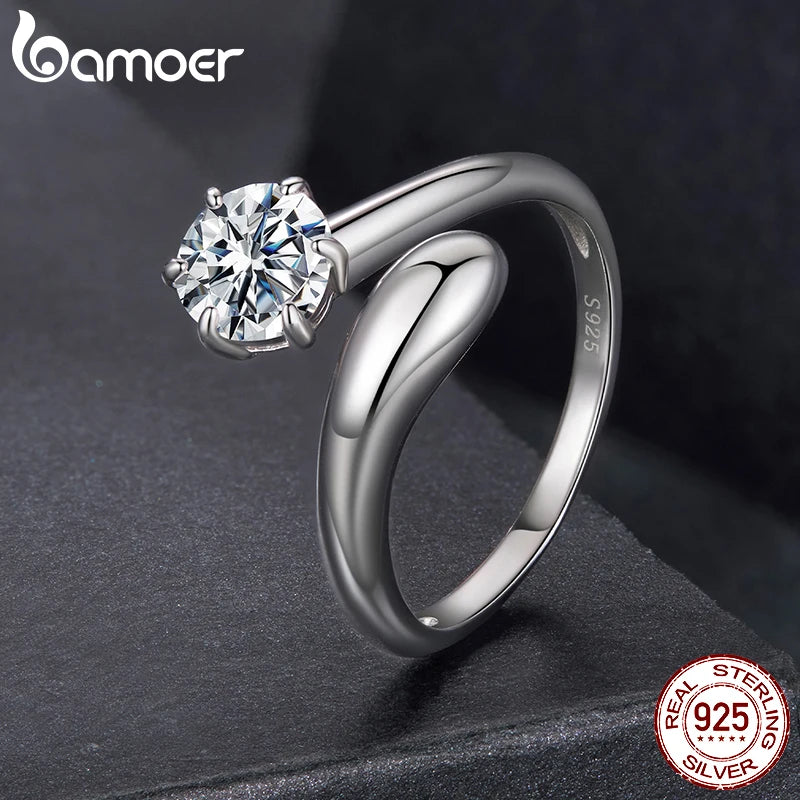 BAMOER 1CT Tropfenförmiger Moissanit-Ring aus 925er Sterlingsilber – Statement-Schmuckstück mit rundem Labor-Diamanten für Damen – Verlobungsring mit massivem Anhänger