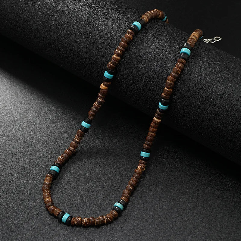 Vintage Bohemian Summer Jewelry Ethnic Style Jewelry Brown Coconut Shell Wood Beads Natural Stone Necklace Men's Jewelry