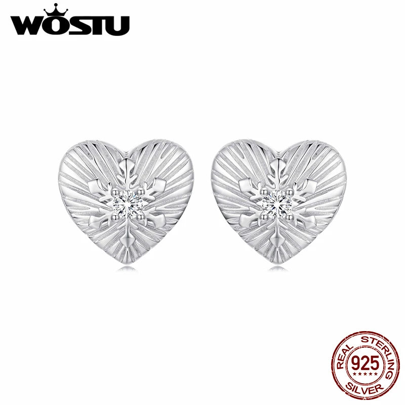 WOSTU 925 Sterling Silver Snowflake Heart Stud Earrings For Women, Winter Jewelry AAA Zircon Ear Studs Xmas New Year Gift