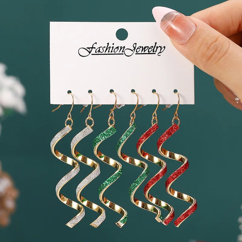3 Pairs/Set Spiral Wave Curve Dangle Earrings for Women Fashion Rainbow Crutch Candy Long Twisted Earring Girls Party Jewelry