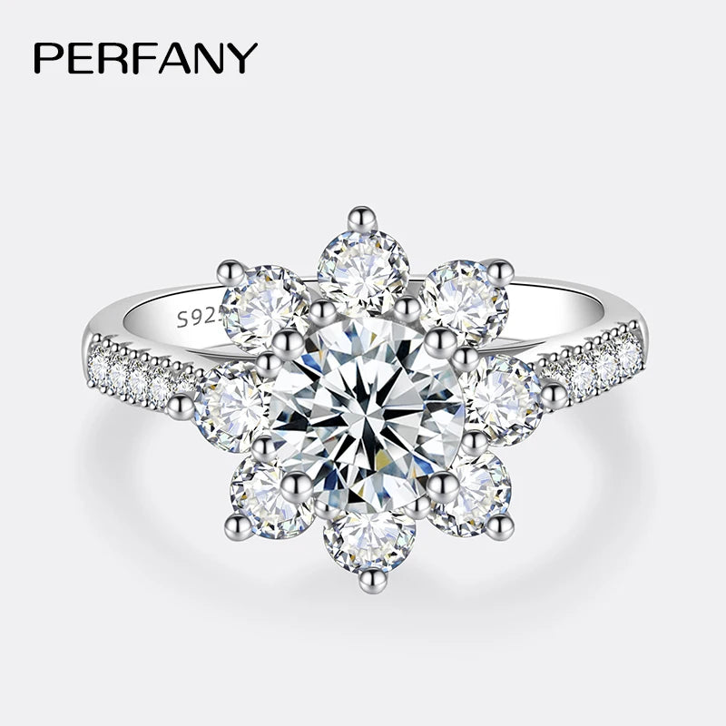PERFANY 1-2CT Moissanite Ring for Women S925 Pure Silver Sunflower Design Laboratory Diamond Elegant Wedding Jewelry