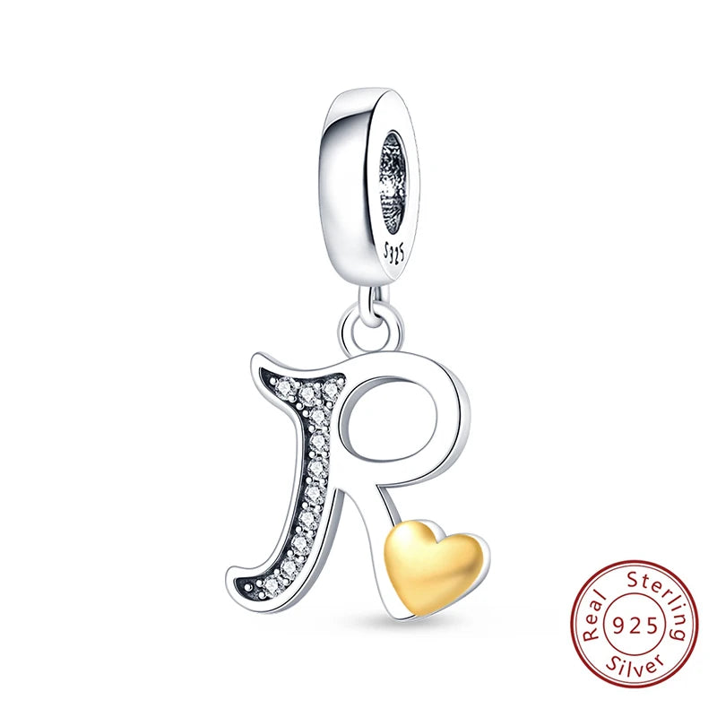 Classic 925 Sterling Silver 26 Gold Color Heart Zircon Letter A-Z Charms Beads Fit Original Bracelets DIY Birthday Jewelry Gift