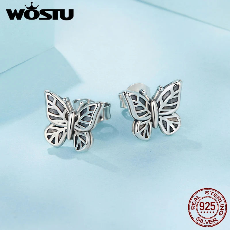 WOSTU Vintage 925 Silver Hollow Butterfly Stud Earrings For Women, Hypoallergenic Retro Ear Studs Pendient Family Lover Gift