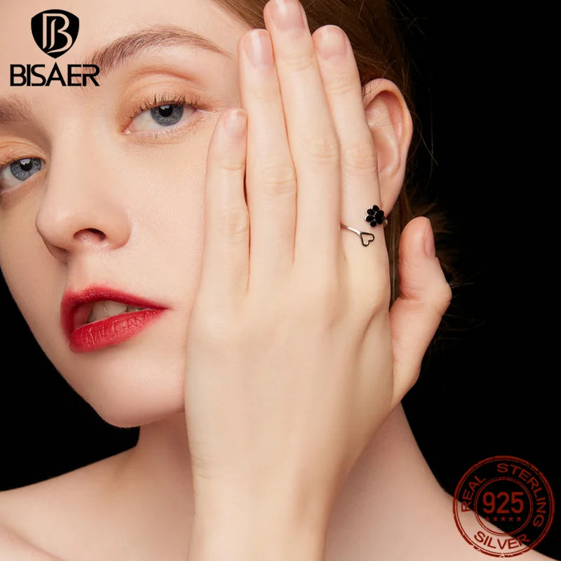 BISAER 925 Sterling Silver Cute Pet Paws Open Ring Black Enamel Hollow Heart Band Adjustable Size for Women Party Fine Jewelry
