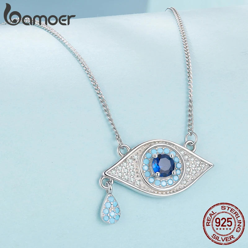 BAMOER 925 Sterling Silver Blue Devil's Eye Necklace Teardrop Bead Pendant Necklace for Women Lucky Guard Jewelry Gift