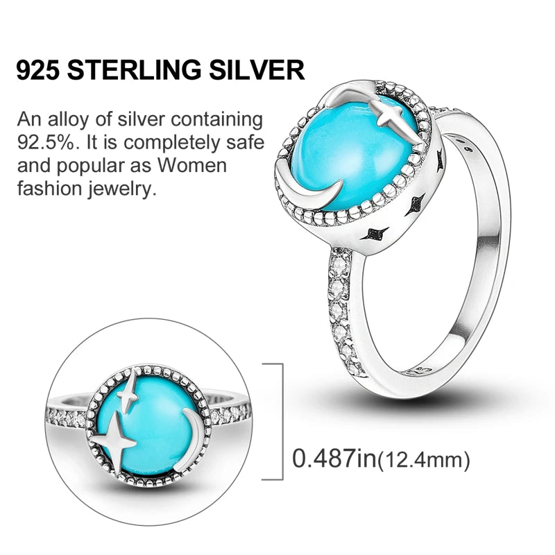 925 Sterling Silver Rings Original Design Blue Zircon Star Moon Finger Rings For Women High Quality Wedding Jewelry Gift
