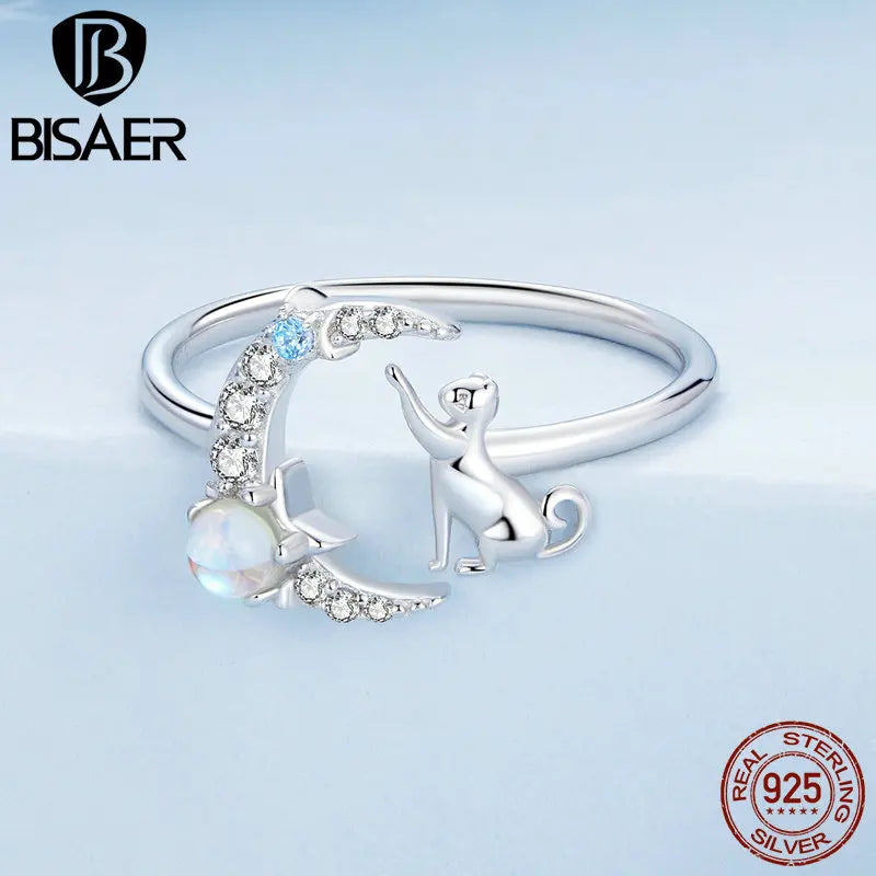 BISAER Genuine 925 Sterling Silver Cute Cat Moon Jewelry Set Animal Pendant Necklaces &Ring Original Jewelry Women Romantic Gift