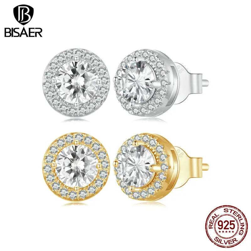 BISAER 925 Sterling Silver Sparkling Zircon Stud Earrings Round Hypoallergenic Stud Ear Plated 18K Gold for Women Fine Jewelry