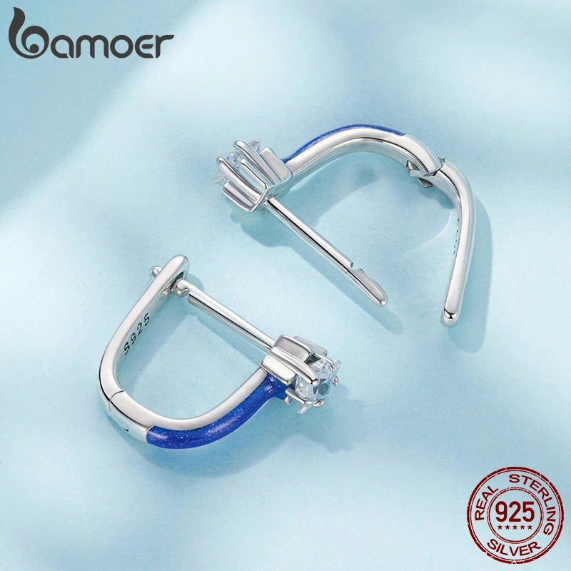 BAMOER U Shape Star Ear Buckles Blue Enamel Hypoallergenic Stud Earrings for Women Teen Girls Bright Pave CZ Jewelry Gift
