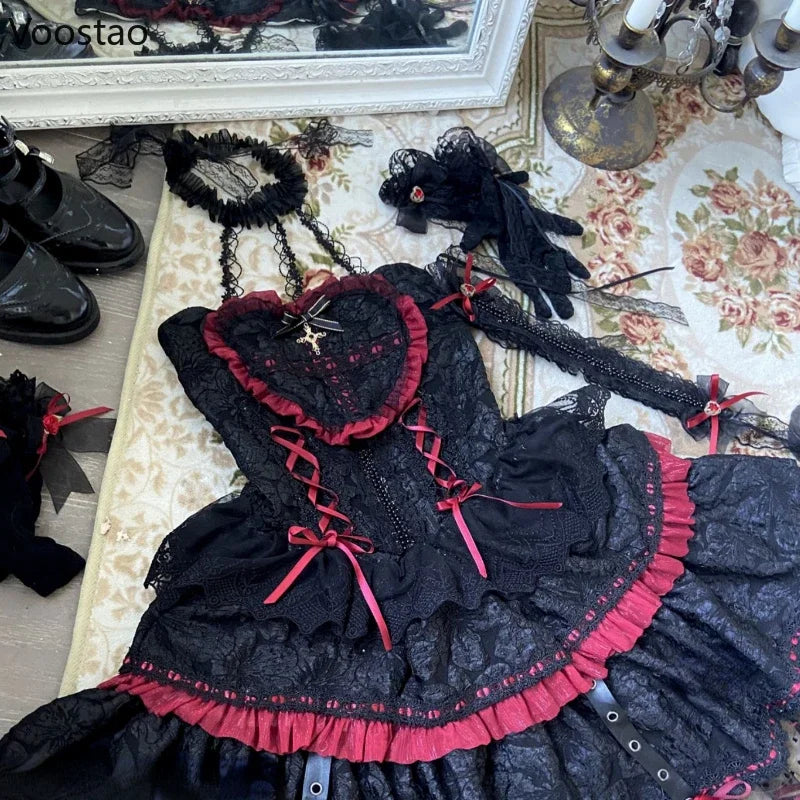 Gothic Lolita Jsk Dresses Victorian Women Elegant Lace Halter Neck Dark Mini Dress Girls Punk Y2K Halloween Holiday Party Dress