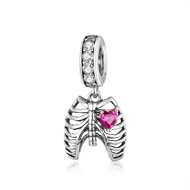 WOSTU 925 Sterling Silver Anatomical Skull Charms Red Heart Pendant Murano Glass Beads for Bracelet Making, DIY Jewelry Findings