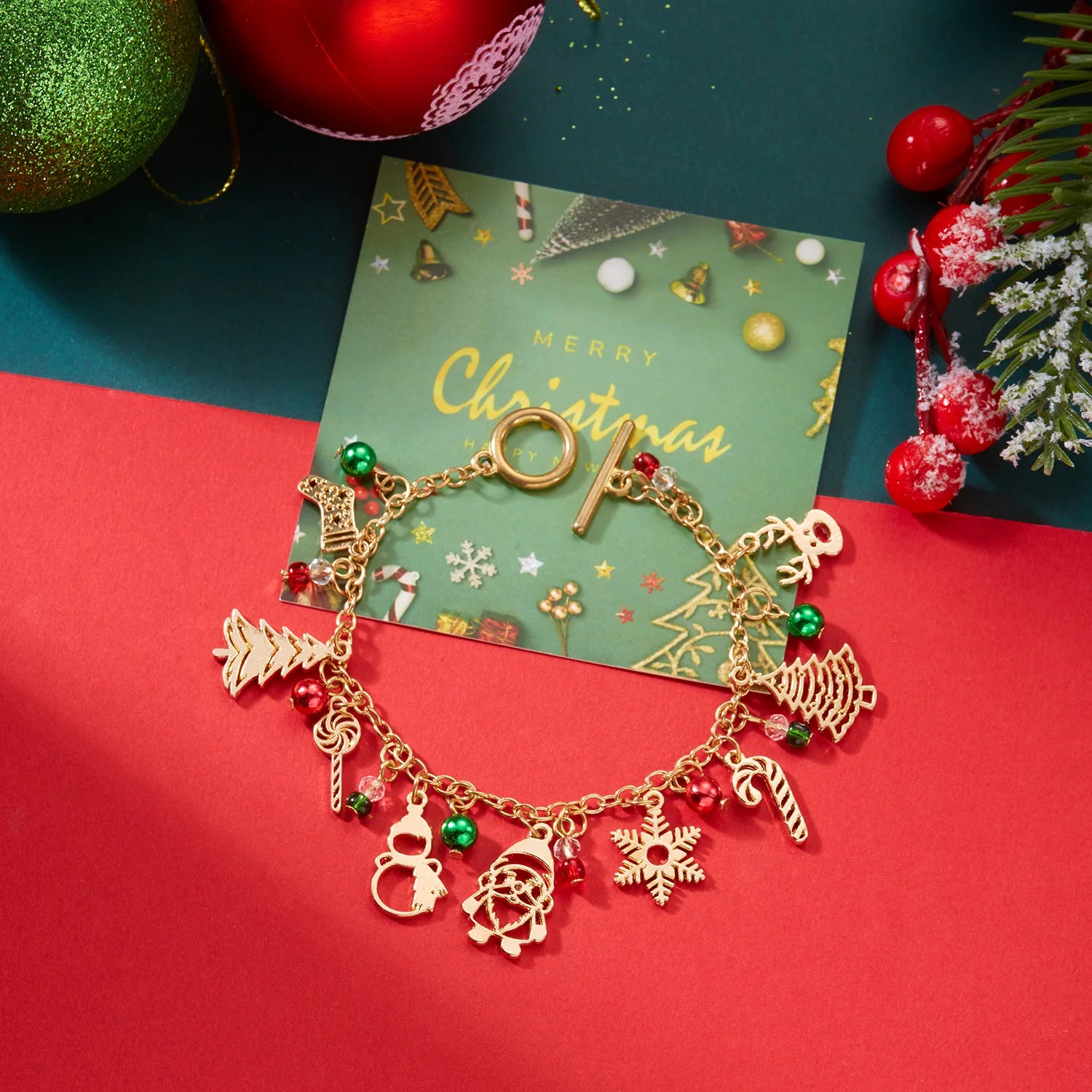 Christmas Colorful Crystal Beads Multi Element Pendant Bracelets for Women Santa Claus Snowflake Tree Elk Bracelet Party Jewelry