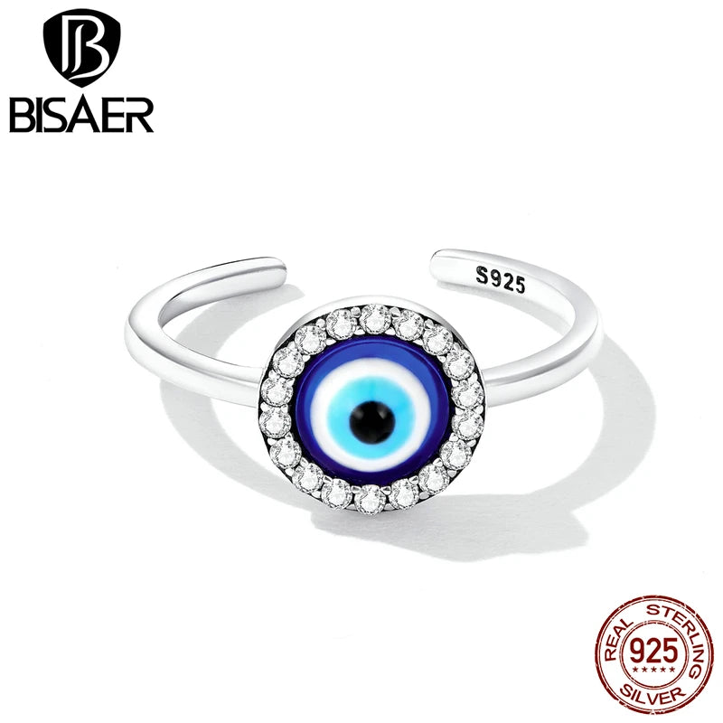 BISAER 925 Sterling Sliver Blue Evil Eye Open Ring Resin Eternity Band Adjustable Lucky Protection For Women Party Jewelry Fine