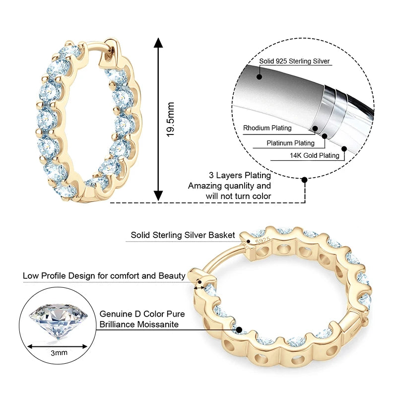 OXTAO 100% Sterling 925 Silver Row Inlaid Round Cut 3mm 2.6CT Moissanite Fashion Jewelry Hoop Earrings For Women