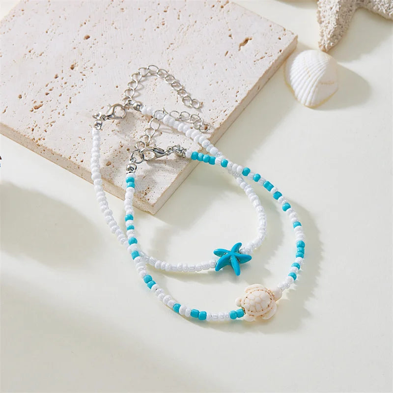 Bohemian Mixed Color Rice Beads Starfish Turtle Pendant Anklet For Women Bracelet On The Leg Beach Barefoot Sandal Leg Jewelry