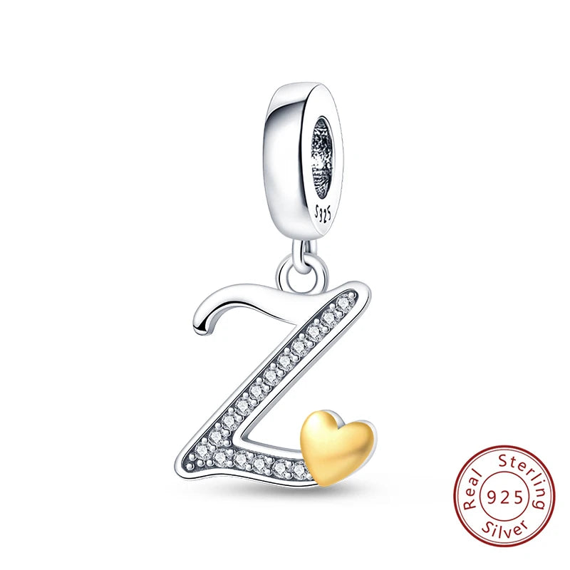 Classic 925 Sterling Silver 26 Gold Color Heart Zircon Letter A-Z Charms Beads Fit Original Bracelets DIY Birthday Jewelry Gift