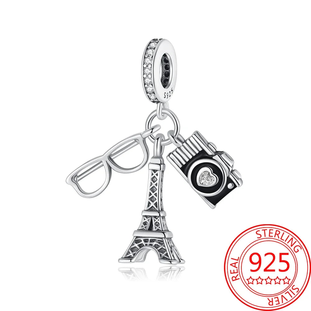 Creative 925 Sterling Silver Eiffel Tower Gold Heart Double Charm Fit DlY Bracelet Necklaces Women's Dating Jewelry Accessories