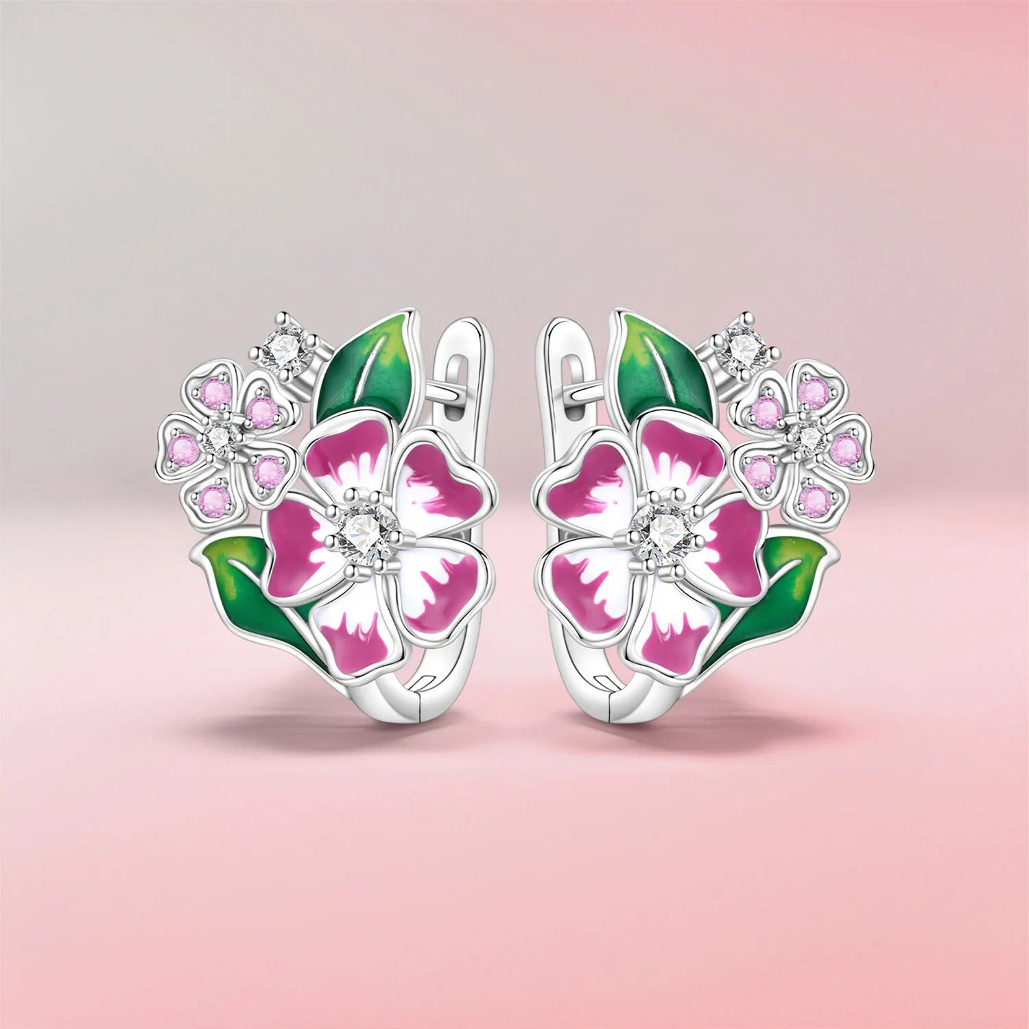PANPOKI S925 Sterling Silver Pink Cherry Blossom Flower Earrings Versatile Hoop Earrings For Women Jewelry Original Party Gifts