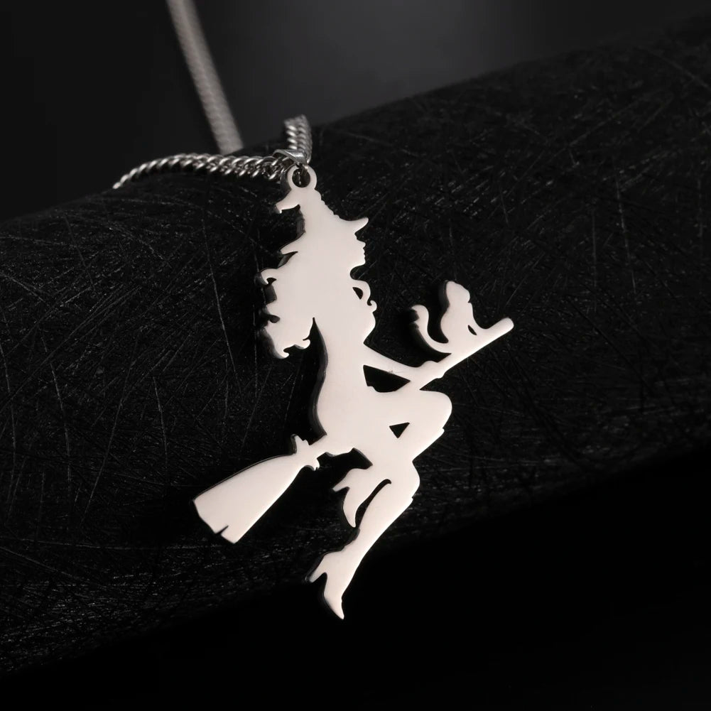 Flying Witch Silhouette Pendant Necklace for Women Fashion Stainless Steel Gold Silver Color Necklace Jewelry for Christmas Gift