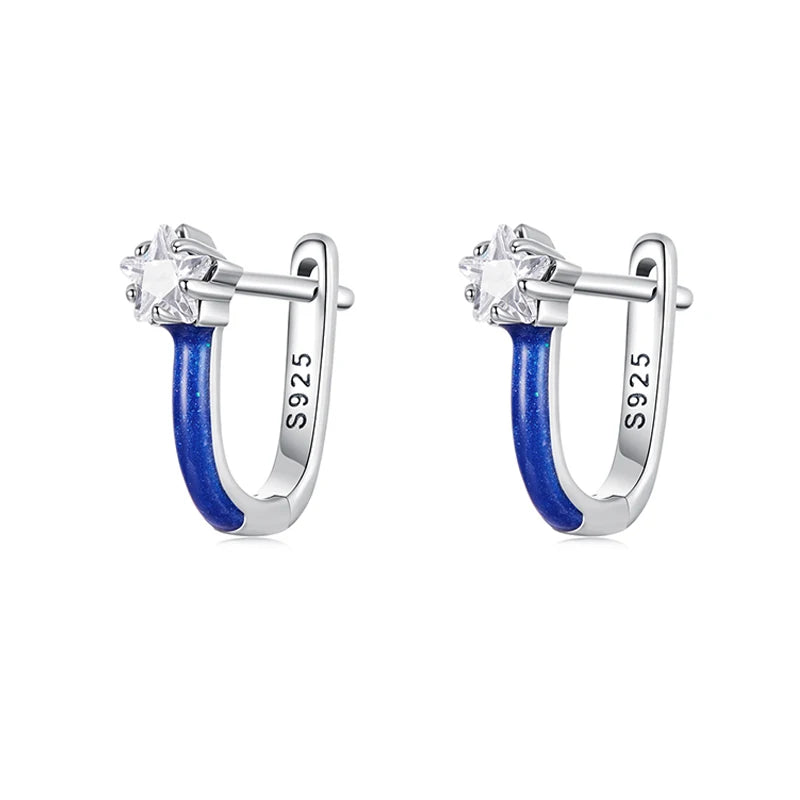 WOSTU 925 Sterling Silver Star Zircon Huggies Earrings For Women, Simple Blue Enamel process Ear Buckles Party Daily Wear Gift