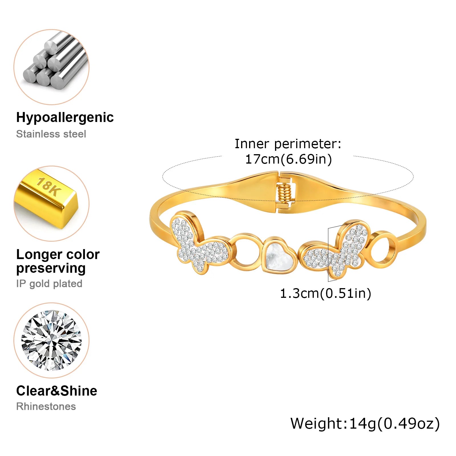 Vnox Women's Hand Jewelry Bracelet Stainless Steel Cute Heart Butterfly Bangle Dainty Rhinestones Accessories Fashion Party