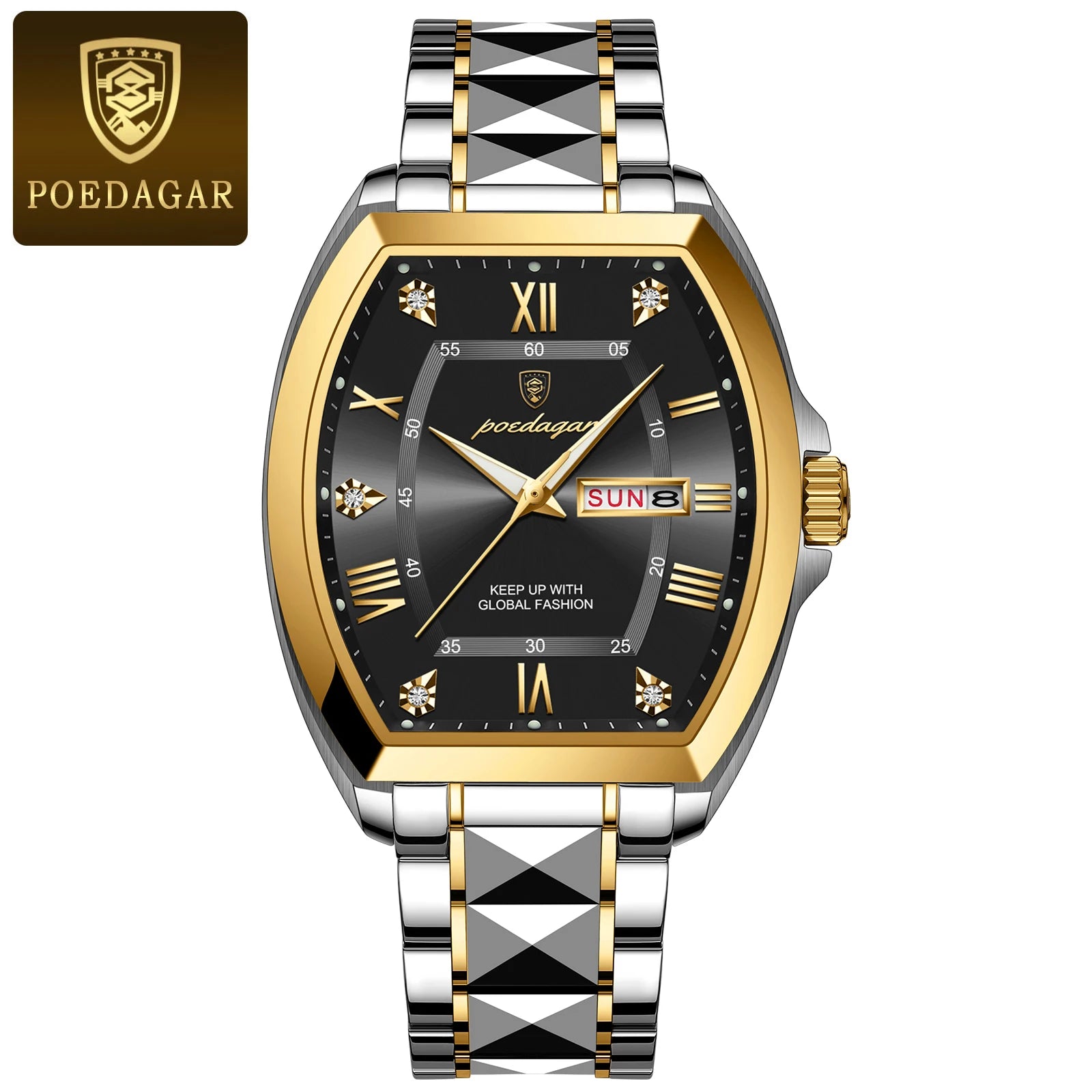 POEDAGAR Luxury Stainless Steel Watches for Man Luminous Waterproof Date Week Men Watch Tonneau Case Men's Quartz Watches Reloj