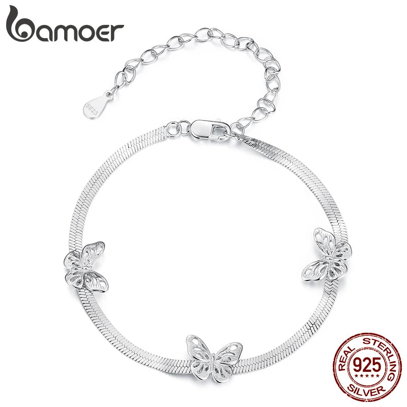 Bamoer Hollow Butterfly Armbänder, breite flache Schlangengliederkette, verstellbarer Armreif mit Anhänger, Schmuckgeschenk für Damen, 925er Sterlingsilber