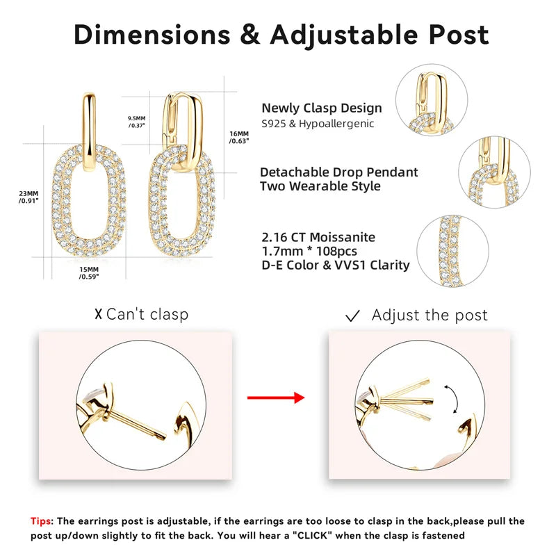 OXTAO Hoop Earrings 100% 925 Silver D Color Full Moissanite Paperclip Link Dangle Earrings for Women  Fine Wedding Jewelry Gift