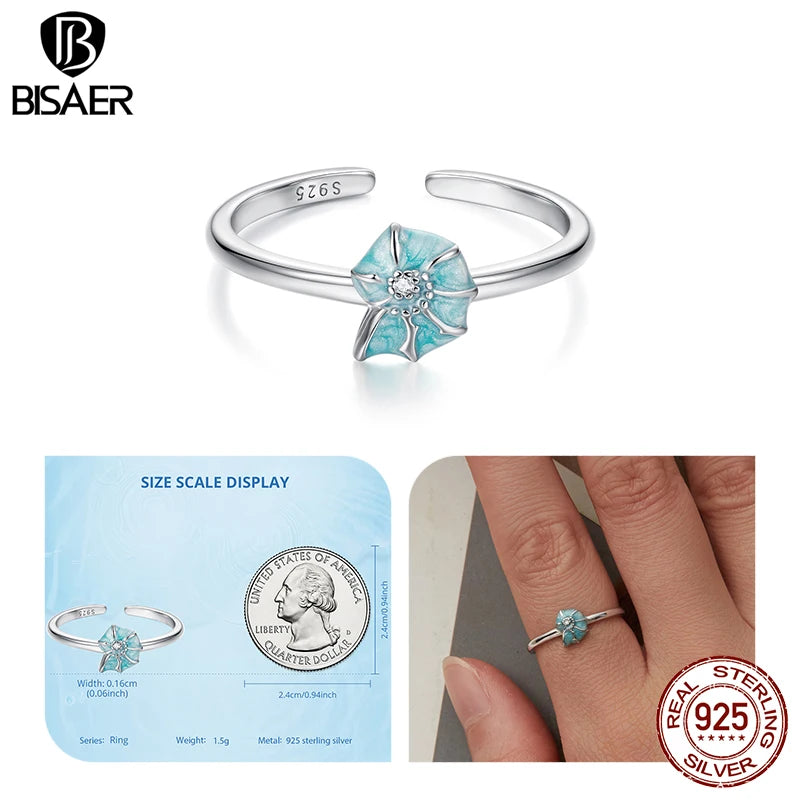 BISAER 925 Sterling Silver Ocean Animal Open Ring Starfish Pearl Conch Turtle Pearl Band for Women Party Jewelry Holiday Gift