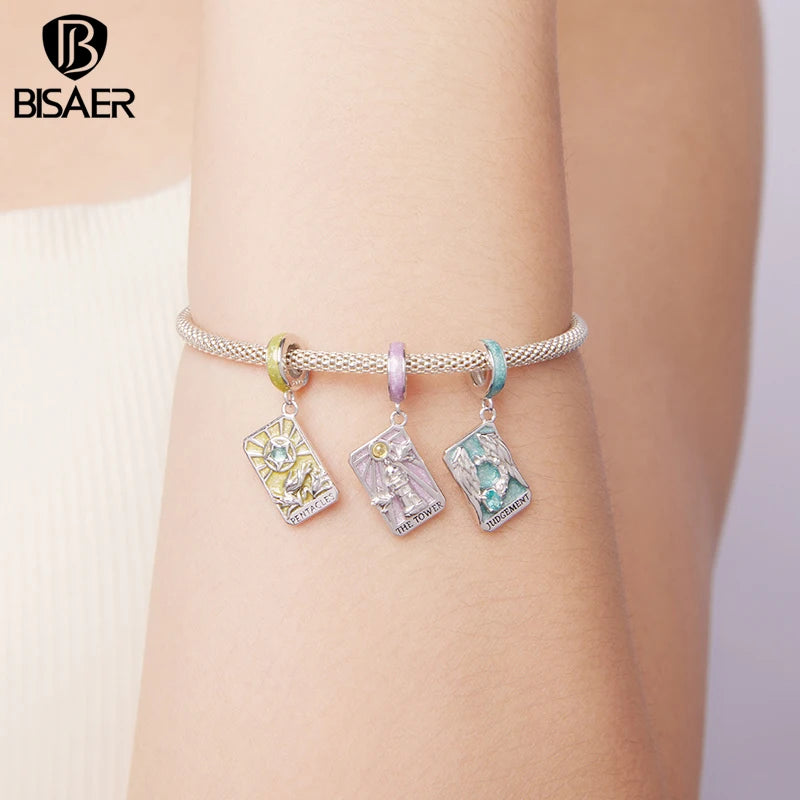 BISAER 925 Sterling Silver Tarot Card Series Pendant Tower Chariot World Judgment Hierophant Charm for DIY Bracelet Fine Jewelry
