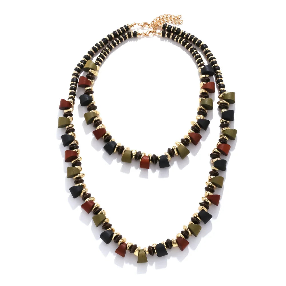 Zvoijio New 2025 Handmade Geometric Wood Beaded Resin Chain Necklace