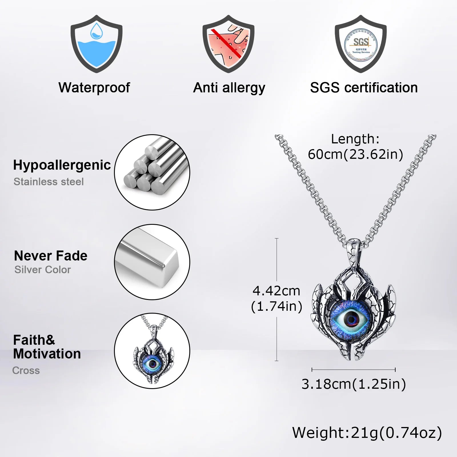 Collier pendentif Vnox Big Evil Eye, badge épais en acier inoxydable avec pendentif œil turc, accessoire punk pour homme