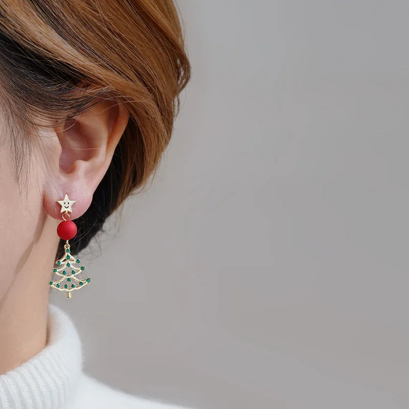 Merry Christmas Xmas Tree Red Ball Asymmetric Stud Earrings for Women Girl New Year Snowflake Bell Deer Zircon Festival Earring