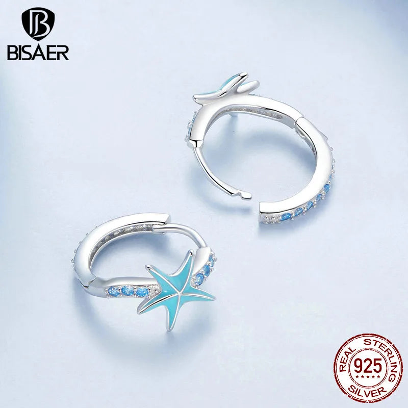 Boucles d'oreilles créoles en argent sterling 925 BISAER en forme d'étoile de mer avec zircon bleu plaqué platine pour femme, bijoux fins pour fête sur la plage