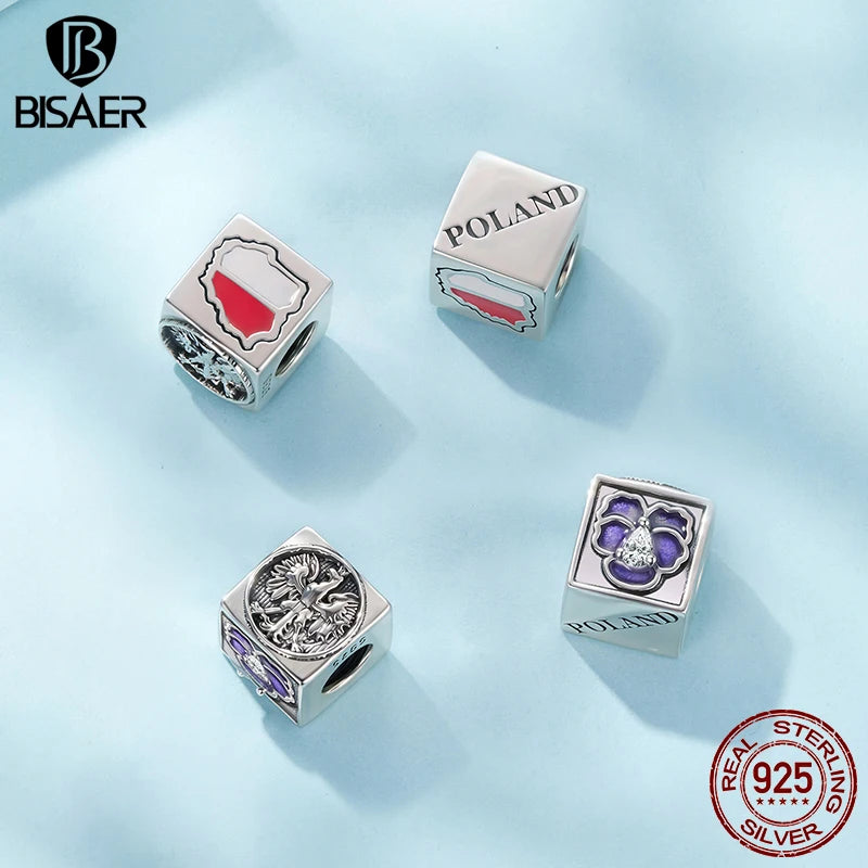BISAER 925 Sterling Silver Souvenir Charm Italy American Poland France Memorial Symbol Bead for DIY Bracelet Fine Jewelry Gift