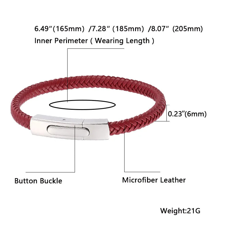 MKENDN Simple Style Red Braided Leather Bracelet for Men & Women Stainless Steel Button Jewelry Unisex Couple Gift Classic Gifts