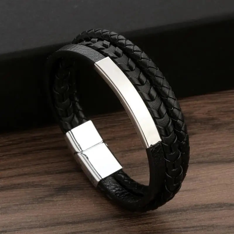 Fashion Cross Charm Mutilayer Leather Bracelet with Stainless Steel Clasp Men Punk Beaded Leather Bracelet For Men Jewelry Gift