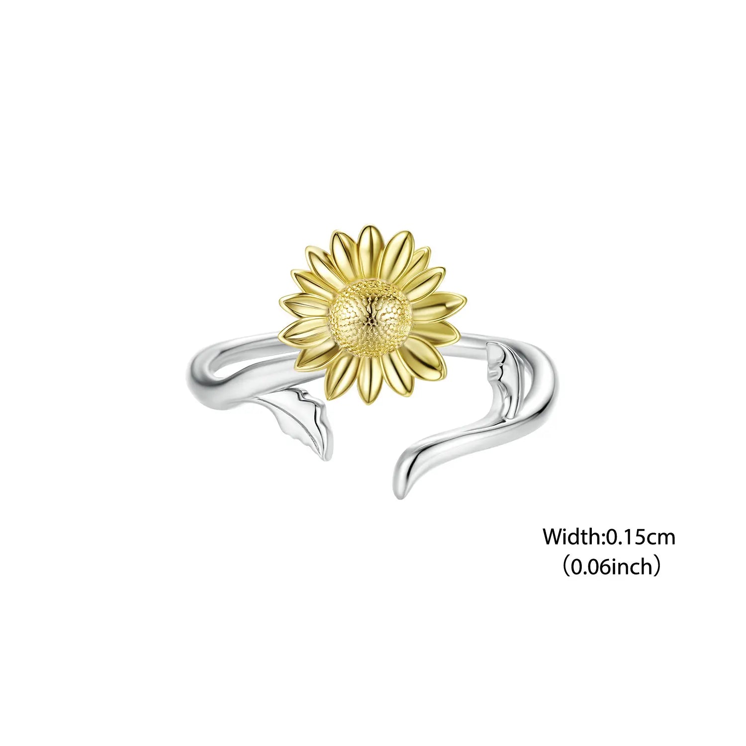 BISAER Gold Sunflower Open Ring 925 Sterling Silver Delicate Blooming Flowers Eternity Band for Women Party Fine Jewelry Gift