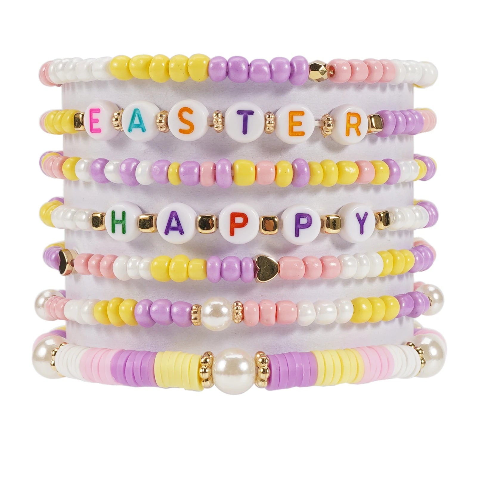 Ensemble de bracelets de Pâques colorés, empilables, en argile, extensibles, perles, style bohème, disques en vinyle, pour femmes