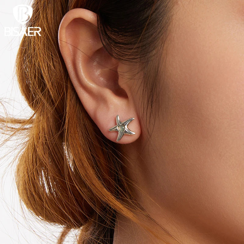 BISAER 925 Sterling Silver Starfish Stud Earrings Heart Glass Marine Animals Stud Ear for Women Party Fine Jewelry Holiday Gift