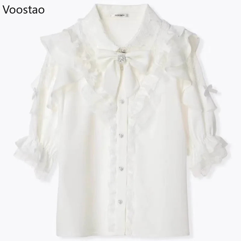 Japanese Gothic Lolita Style Bow Shirts Women Sweet Y2k Lace Ruffles Short Sleeve Blouses Tops Summer Female Vintage Punk Blusas