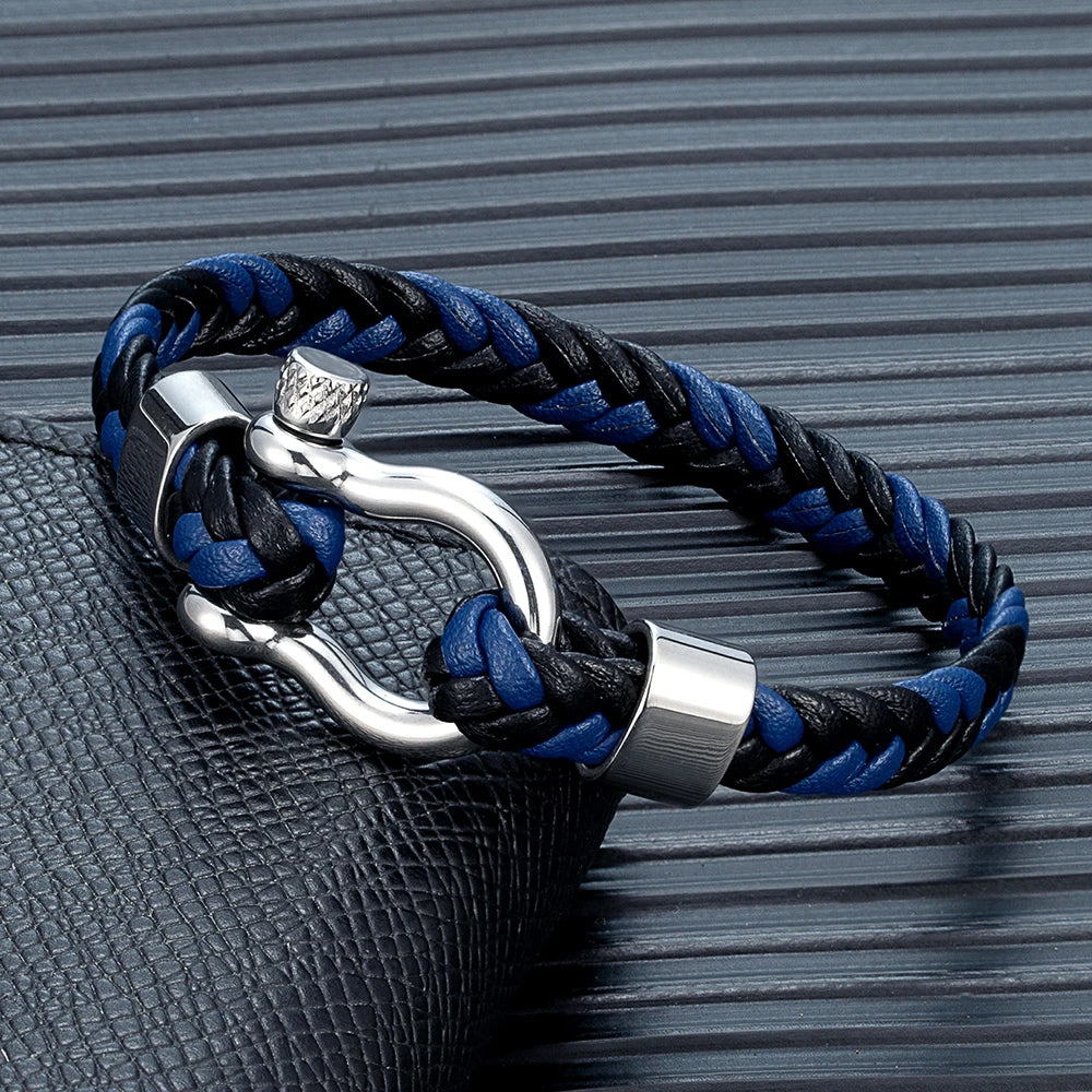 MKENDN Luxury Nautical Shackle Woven Leather Bracelet With Horseshoes Buckle Gift for Him Minimalistic Jewelry