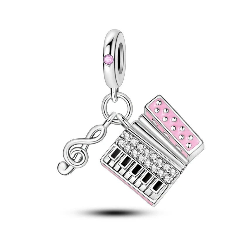 Romantic Music Charms Beads 925 Sterling Silver Piano Violin Red Guitar Punk Saxophone Pendants Fit Qikaola Bracelet DIY Jewelry