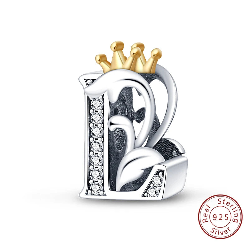 925 Sterling Silver 26 Alphabet A-Z Crown Letters Charms Bead Fit Original Bracelet Fine DIY Charm For Woman Anniversary Jewelry