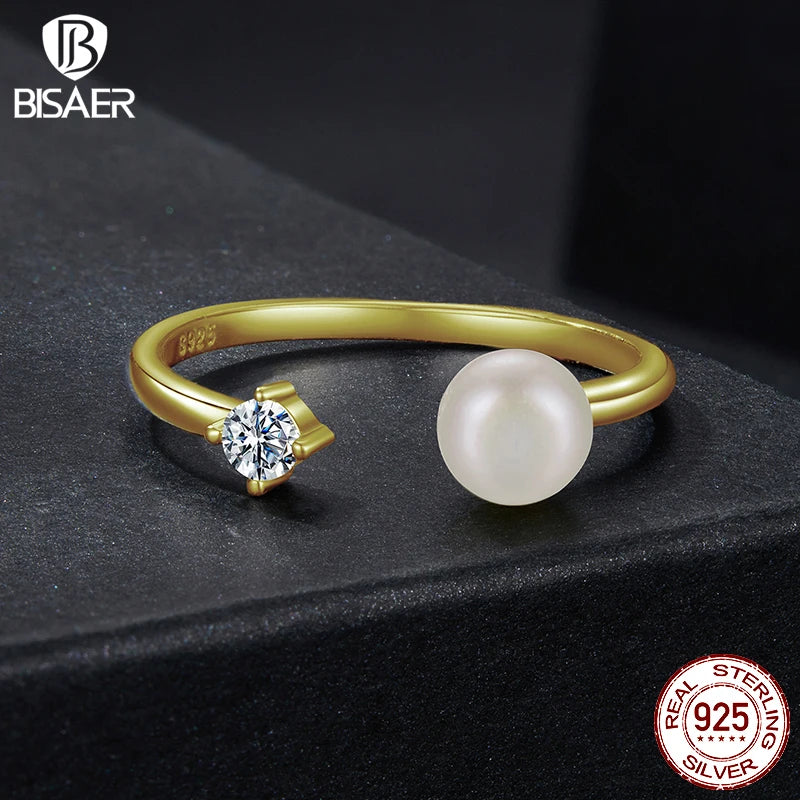 Bague ajustable BISAER en argent sterling 925 avec diamant de laboratoire taille moissanite de 0,1 carat, anneau ouvert et perle d'eau douce. Bijou fin pour femme.