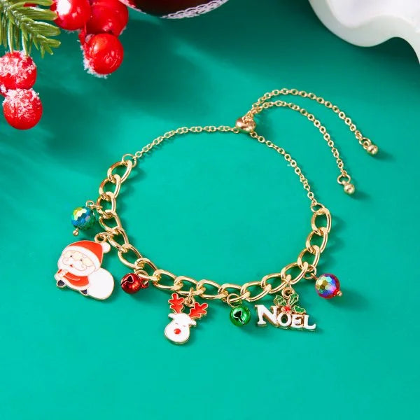 Bracelet de Noël ajustable pour femme, orné d'un pendentif Père Noël, bonhomme de neige, étoile et sapin, bijou de fête