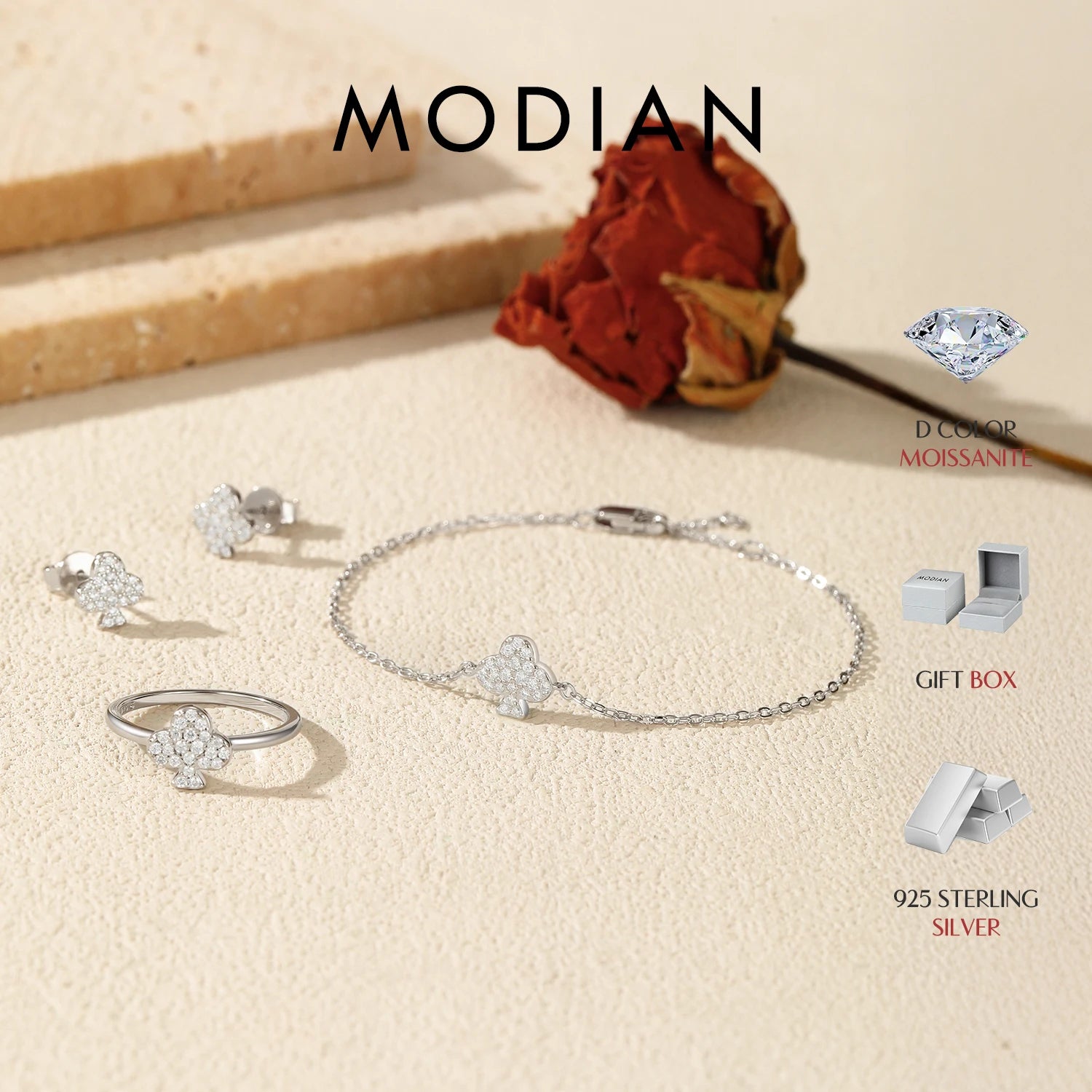 MODIAN Moissanite Ear Studs 925 Sterling Silver Original Design Clubs Rings Bracelet For Women Fine Jewelry Sets