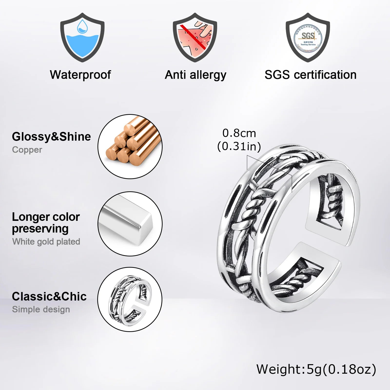 Vnox Gothic Thorn Rings for Men Boys, Twisted Metal Hollow Out Open Ring, Silver Color Male Finger Band Accessory - Madeinsea©