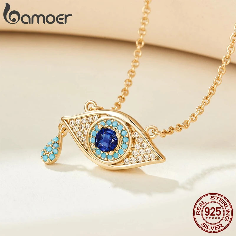 BAMOER 925 Sterling Silver Blue Devil's Eye Necklace Teardrop Bead Pendant Necklace for Women Lucky Guard Jewelry Gift
