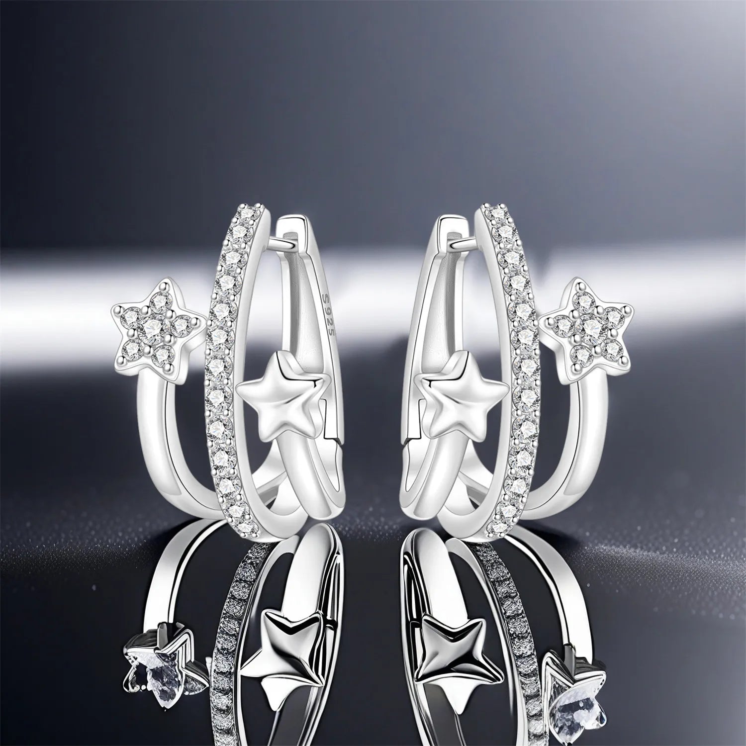 PANPOKI S925 Sterling Silver French Three-layer Star Earrings Versatile Hoop Earrings For Women Jewelry Original Party Gifts